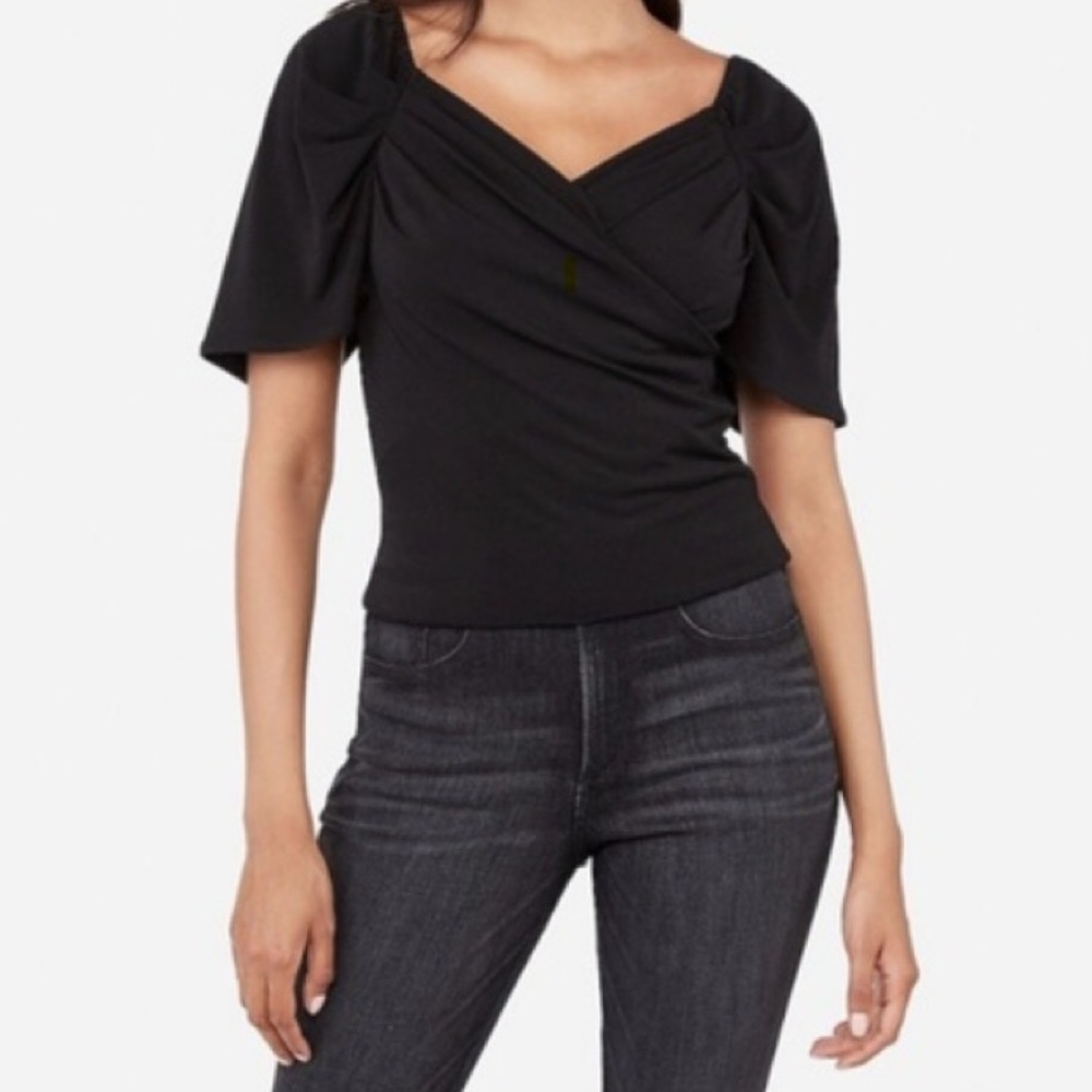 Express Women Wrap Front Puff Sleeve Top Black XS